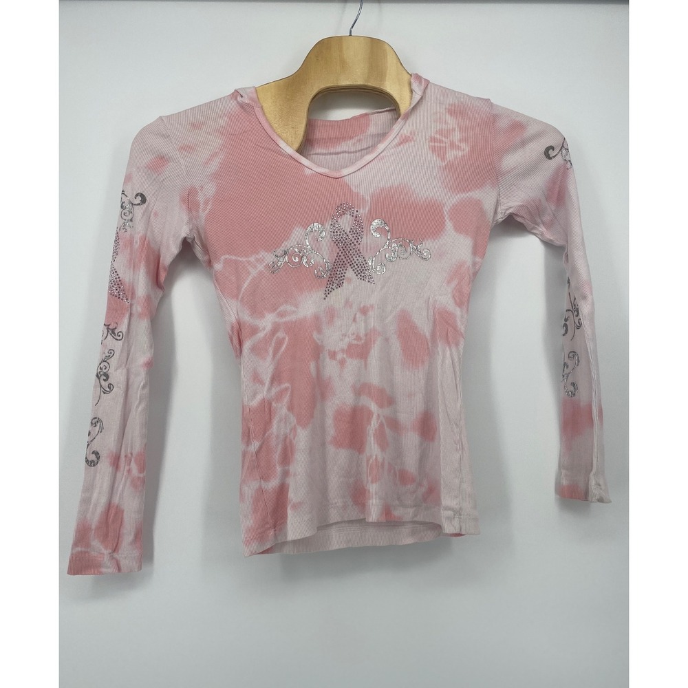 Avangard USA Tie Dye Hoodie Top Womens Large Pink Awareness Ribbon Rhinestone